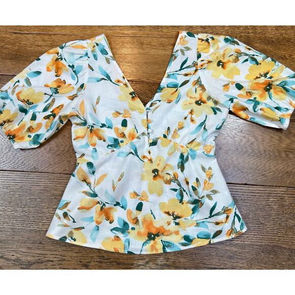 GAP Watercolor Floral Milkmaid Style Blouse Woven Cotton Cream Yellow Sz XXS - Picture 1 of 7